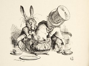 Den galna hattmakaren och marsharen sätter in murmeldjuret i tekannan, från Alices äventyr i underlandet av Lewis Carroll (1832 - 98), pub. 1891 av John Tenniel