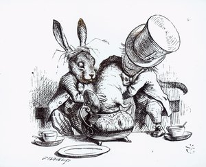 Den galna hattmakaren och marsharen som lägger dormusen i tekannan, illustration från "Alice