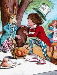 Den galna hattmakaren och marsharen försöker stoppa dormusen i en tekanna, c1910 av John Tenniel