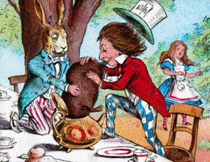 Den galna hattmakaren och marsharen försöker stoppa dormusen i en tekanna, c1910 av John Tenniel