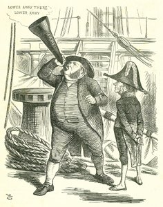 The Officious Passenger: Reform of Parliament - förlängning av franchisen. Premiärministern, Lord John Russell, ber John Bright att sluta basunera ut reformpropositionen. Russell besegrade av parlamentet på reformpropositionen i maj 1866. John Tenniel teck av John Tenniel