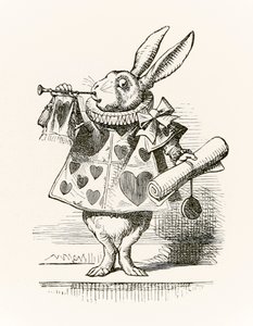 The White Rabbit med trumpet och rulla som förebådar anklagelsen, från "Alice i Underlandet" av Lewis Carroll publicerad första gången 1865