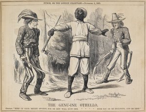 "Den genuina Othello". En svart fälthand kommer mellan presidenterna Lincoln och Davis och antar karaktären av Othello. Han vädjar till de två stridande styrkorna att omsluta sina vapen, talar linjer dragna från två separata passager i akt I, scen 2 [l av John Tenniel