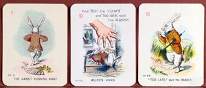 Tre Happy Family-kort som föreställer karaktärer från Alice i Underlandet av Lewis Carroll av John Tenniel