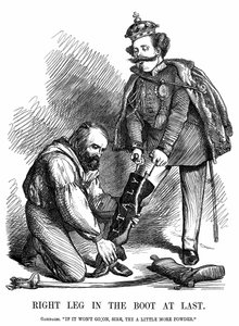 Enande av Italien: Giuseppe Garibaldi (1807-1882) hjälper Victor Emmanuel II (1820-78) att ta på sig Italiens känga. John Tenniel tecknad film från Punch, London av John Tenniel