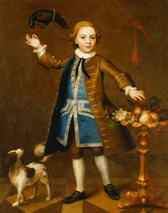Porträtt av en pojke, hellängd, i en brun rock, blå väst med silverfläta, hålla ett körsbär mot en papegoja, en spaniel vid sidan av, med frukter på ett stativ, 1741 av John Theodore Heins