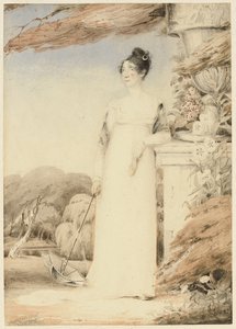 Porträtt av Ann Miles, senare Mrs John Sell Cotman, i full längd, hennes högra hand håller ett parasoll, hennes vänstra arm vilande på en sockel, 1805