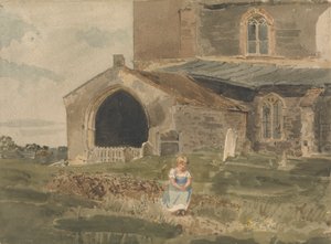 Ung flicka som sitter på en bank utanför en kyrka