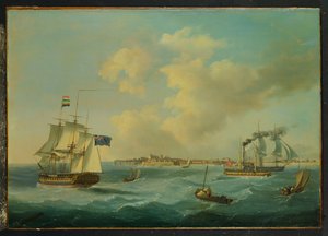 En fregatt med 44 kanoner, en paddelångare och annan frakt utanför St.Peter Port, Guernsey, 1825 av John Thomas Serres