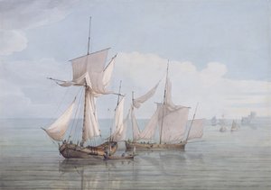 En Hoy and a Lugger med annan frakt på ett lugnt hav (wc, penna och svart bläck på vävt papper)