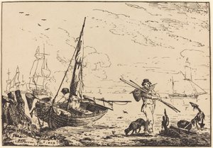 Marine: Fiskebåtar på land, man med åror, skepp på avstånd av John Thomas Serres