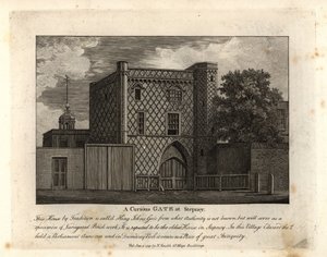 En nyfiken port i brokigt tegelverk som kallas St John Gate, det äldsta huset i Stepney av John Thomas Smith