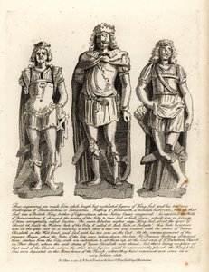 Brittiska kungen Lud och hans söner Angrogeus och Theomantius (Temantius), reparatör av murarna i Trinovantum, senare Caer Lud eller Luds stad, 66AD