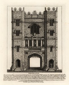 Newgate, återuppbyggd 1672 efter branden i London, med tre siffror Rättvisa, Fortitude och Prudence från den tidigare porten som byggdes av Londons borgmästare Richard Wittington av John Thomas Smith