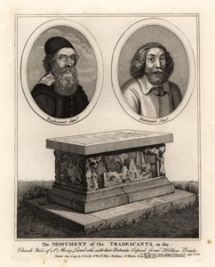Ovala porträtt av naturforskare och samlare John Tradescant den äldre och yngre, och deras gravmonument på St Mary Lambeths kyrkogård av John Thomas Smith