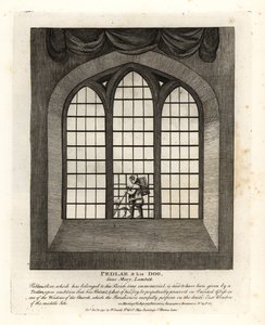 Pedlar och hans hund i det målade glasfönstret i kyrkan i Saint Mary-at-Lambeth av John Thomas Smith