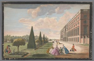 Vy över Hampton Court Palace i London sett från öster En sned perspektivvy av Hampton Courts östfront, med den långa promenaden och en del av trädgården (titel på objektet)