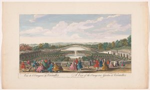 Utsikt över apelsinträden framför Orangeriet i Versaillespalatset Utsikt över apelsinträdgården i Versailles (titel på objektet)