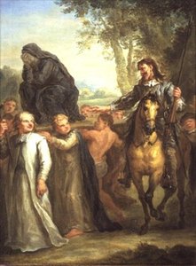 Don Quijote missar en staty av Jungfru Maria, som bärs i procession, som en kvinna tagen mot sin vilja, från Cervantes 