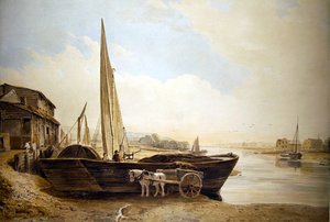 En pråm från Thames strandad för lossning (akvarell med spår av penna på papper) av John Varley