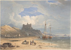 Bamborough Castle från nordost, med Holy Island i fjärran, Northumberland av John Varley