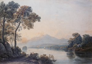 Figurer med en hund på stranden av Lake Killarney (akvarell) av John Varley