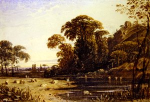 Landskap med ett torn på en kulle (akvarell på papper) av John Varley