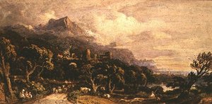Landskap med slott och berg (akvarell) av John Varley