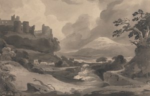 Bergslandskap med slottsruiner på en klippa av John Varley