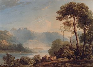 Utsikt från Grange Bridge, Borrowdale (wc på papper) av John Varley