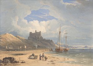 Bamburgh Castle från nordost, med Holy Island in the Distance, Northumberland, 1827.