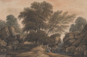 Figurer bredvid ett vattenfall och en pool i ett skogslandskap, 1812.