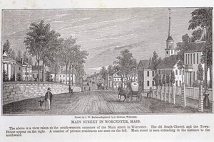 Main street i Worcester, från "Historical Collections of Massachusetts", av John Warner Barber, graverad av J. Downes, 1839