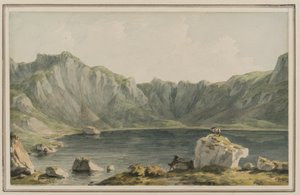 Llyn Idwal, närmar sig den från Llyn Ogwen, Carnarvonshire, ca 1795 (wc på papper) av John Warwick Smith