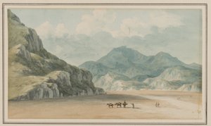 Utsikt över Fraeth Mawr Sands, mot Snowdon, när du korsar dem mellan Penmorsa och Cynant, Merionethshire, 21 juli 1795 (wc på papper) av John Warwick Smith