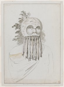 En man från Sandwichöarna i en mask. En man från Sandwichöarna i en mask bestående av en skålhuvudbonad med utskärningar för ögonen. av John Webber