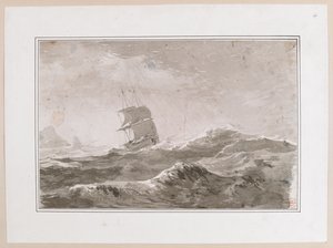 Ritning av ett europeiskt fartyg under segel i tung sjö; förmodligen inte ett av Cooks skepp. Tillverkad under Captain Cooks tredje resa. av John Webber