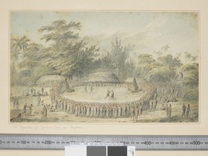 F.4 Mottagandet av kapten Cook i Hapaee, ca 1773-84 (akvarell & tryckgravyrer) av John Webber