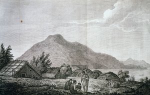 Inuti hippa på ön Motuara, baserad på ritning av John Webber (1750-1793), från berättelsen om James Cooks senaste resa (1776-1779). gravyr av John Webber