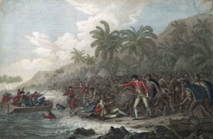 Kapten James Cook (1728-1779, brittisk upptäcktsresande) dödad av Hawaiianer, i Kealakekua Bay, på Sandwichöarna (Polynesien), 1779 - Kapten James Cooks död den 14 februari