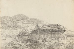 Balaganerna eller sommarboendena, med metoden att torka fisk, vid St. Peter och Paul, Kamtschatka av John Webber