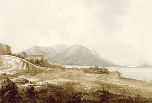 View in Macao inklusive Residence of Camoens där han skrev sin Lusiad, från "Views in the South Seas", pub. 1788 av John Webber