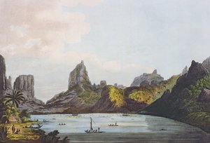Utsikt över hamnen i Taloo på ön Eimeo, från "Views in the South Seas", pub. 1789 (etsning)