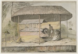 Waheiadooa, hövding över Oheitepeha, i viloläge, dokumenterad av kapten Cook under hans besök på Tahiti den 19 augusti 1777. En begravningsscen bär upp den svepta kroppen och en skötare. De skyddas av en markis med grästak och omges av en låg p av John Webber