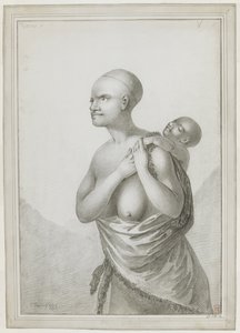 [Hela ritningen] En tasmansk kvinna som bär ett barn på ryggen, med en hud slängd från hennes vänstra axel runt midjan. januari 1777 av John Webber