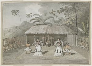 [Hel teckning] En dans eller heiva i Otaheite [Tahiti]. Två män och två kvinnor dansar, med trumslagare bakom och åskådare på båda sidor. September 1777 av John Webber