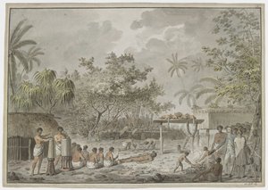 [Hel ritning] Människooffer vid den stora morai i Attahouroo [Utuaimahurau], Tahiti, bevittnad av kapten Cook den 1 september 1777. En inbunden figur i förgrunden, med män som gräver ett hål för kroppen bakom, och vad som innehåller två hundar och thr av John Webber