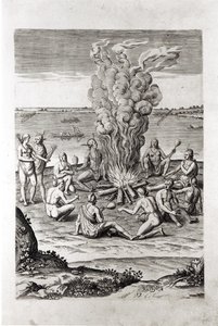 Indianer som ber runt en eld, gravyr från Hariots "A Briefe and True Report of...Virginia", 1590, graverad av Theodor de Bry (1528-98). av John White
