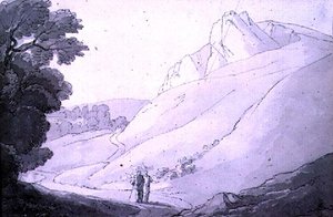 Ett kuperat landskap med två figurer (penna, bläck och akvarell)