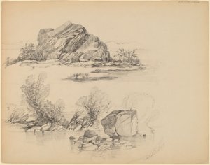 Stenar längs en sjöstrand [recto] av John William Casilear